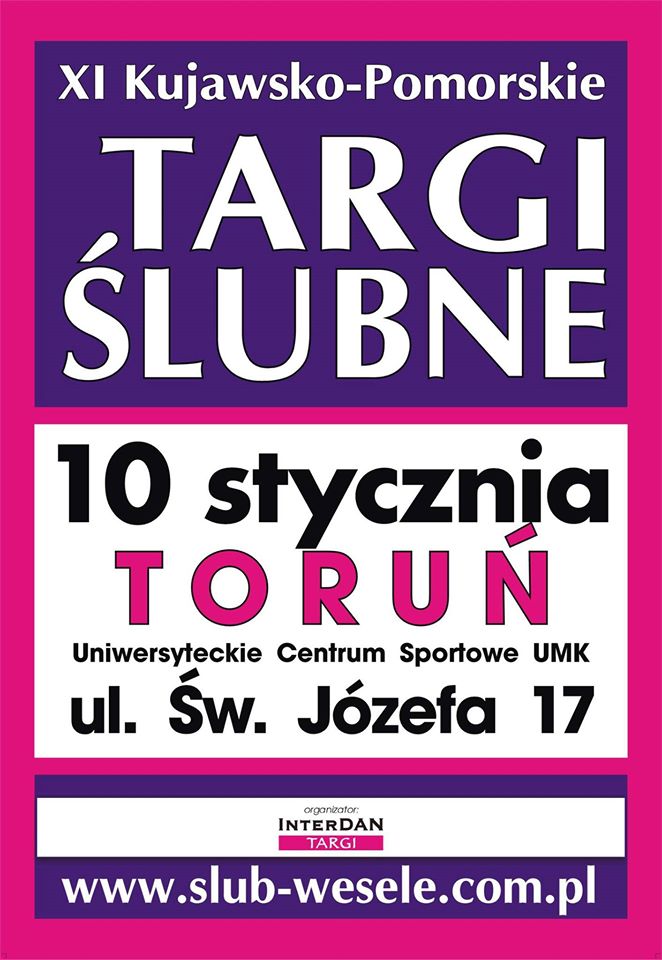 To najstarsze i największe targi ślubne w Toruniu. Zaprezentuje się ponad 50 firm!  Na scenie pokazy mody i tańca oraz konkursy z atrakcyjnymi nagrodami.  Nagrodą główną w tym roku jest "Garnitur dla Pana Młodego"!   Więcej na profilu "Targi Ślubne Toruń Bydgoszcz" na FB. Zapraszamy!